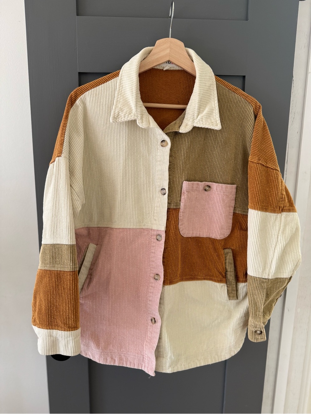 Bibi Colorblock Corduroy Button-Up Jacket - Cream, Pink & Brown
